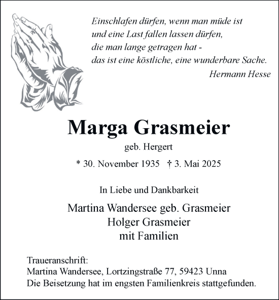 Traueranzeige von Marga Grasmeier von Tageszeitung