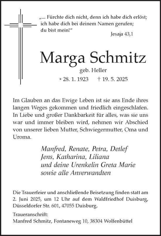 Traueranzeige von Marga Schmitz von Tageszeitung