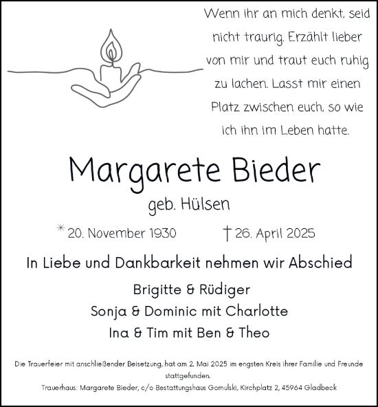 Traueranzeige von Margarete Bieder von Tageszeitung