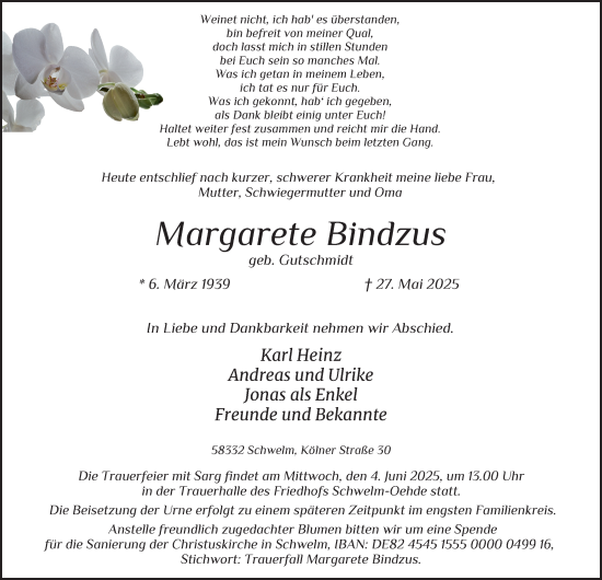 Traueranzeige von Margarete Bindzus von Tageszeitung