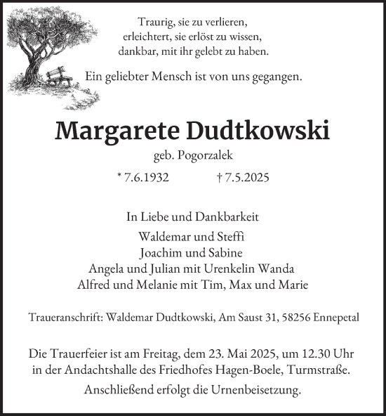 Traueranzeige von Margarete Dudtkowski von Tageszeitung