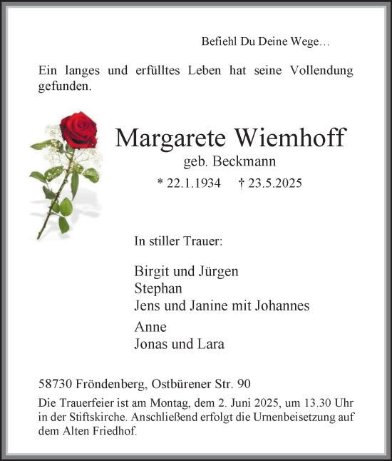 Traueranzeige von Margarete Wiemhoff von Tageszeitung