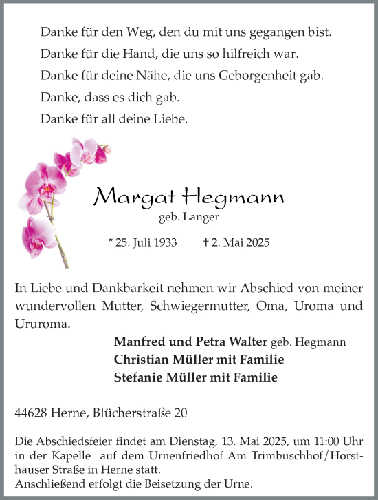 Traueranzeige von Margat Hegmann von Tageszeitung