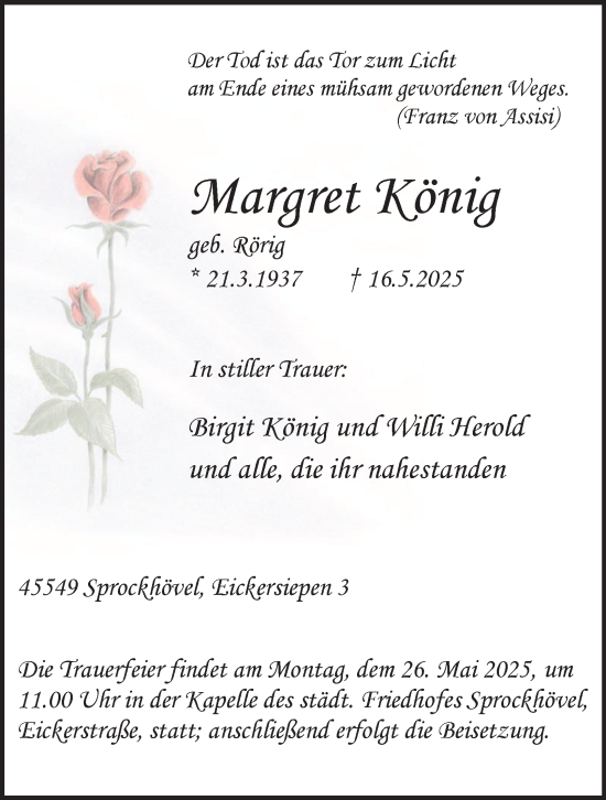 Traueranzeige von Margret König von Tageszeitung