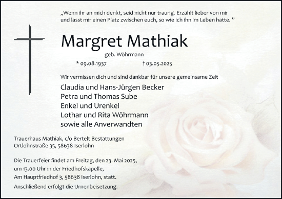 Traueranzeige von Margret Mathiak von Tageszeitung