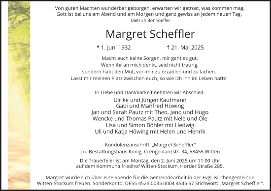 Traueranzeige von Margret Scheffler von Tageszeitung