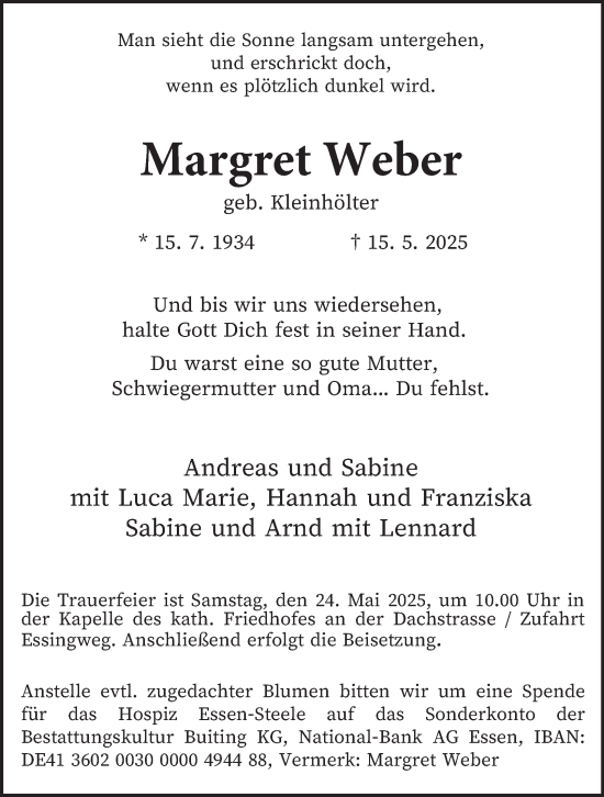 Traueranzeige von Margret Weber von Tageszeitung