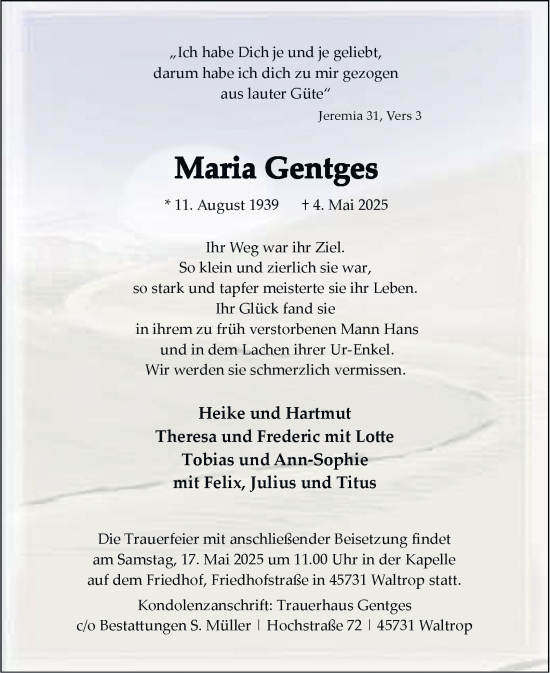 Traueranzeige von Maria Gentges von Tageszeitung