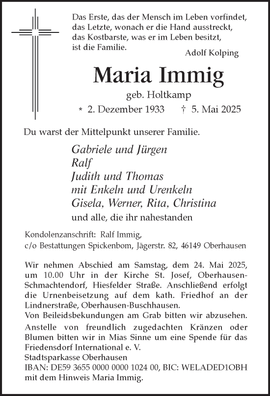Traueranzeige von Maria Immig von Tageszeitung