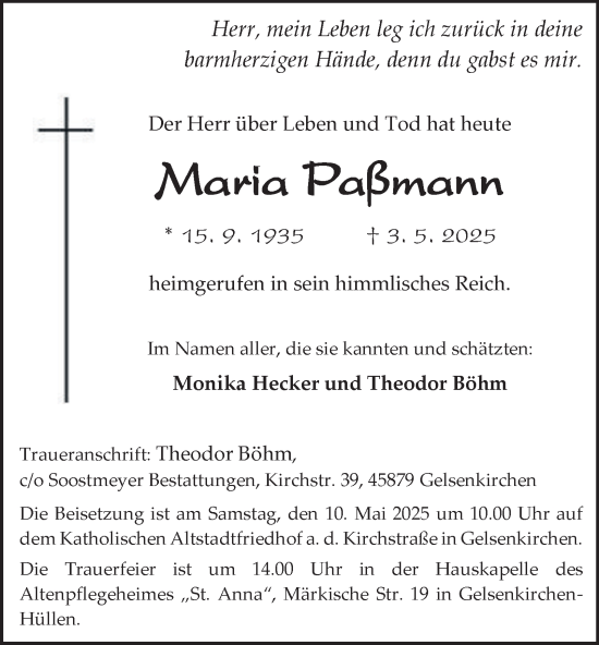 Traueranzeige von Maria Paßmann von Tageszeitung