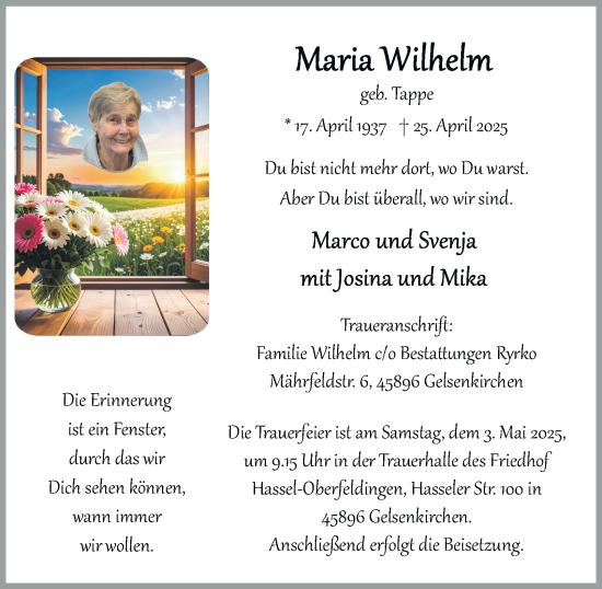 Traueranzeige von Maria Wilhelm von Tageszeitung