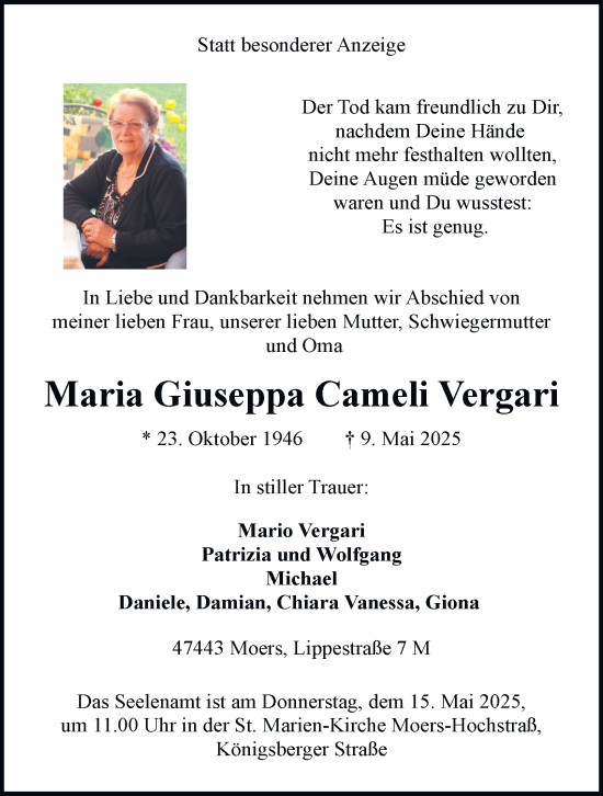 Traueranzeige von Maria Giuseppa Vergari von Tageszeitung