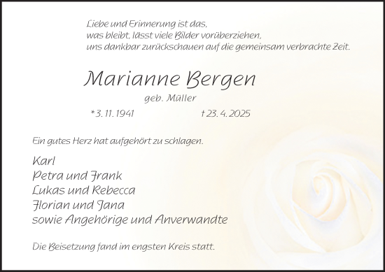 Traueranzeige von Marianne Bergen von Tageszeitung