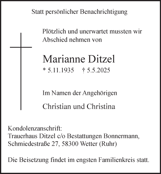 Traueranzeige von Marianne Ditzel von Tageszeitung
