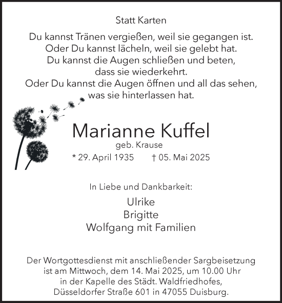 Traueranzeige von Marianne Kuffel von Tageszeitung