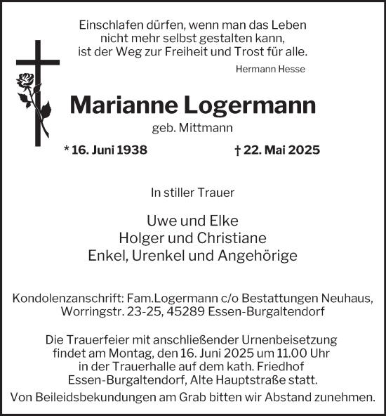 Traueranzeige von Marianne Logermann von Tageszeitung