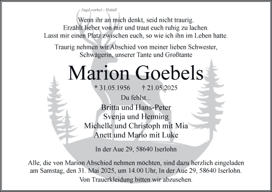 Traueranzeige von Marion Goebels von Tageszeitung