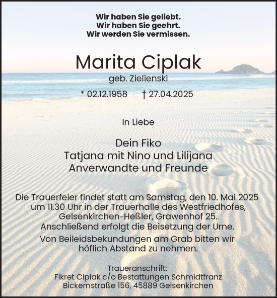 Traueranzeige von Marita Ciplak von Tageszeitung