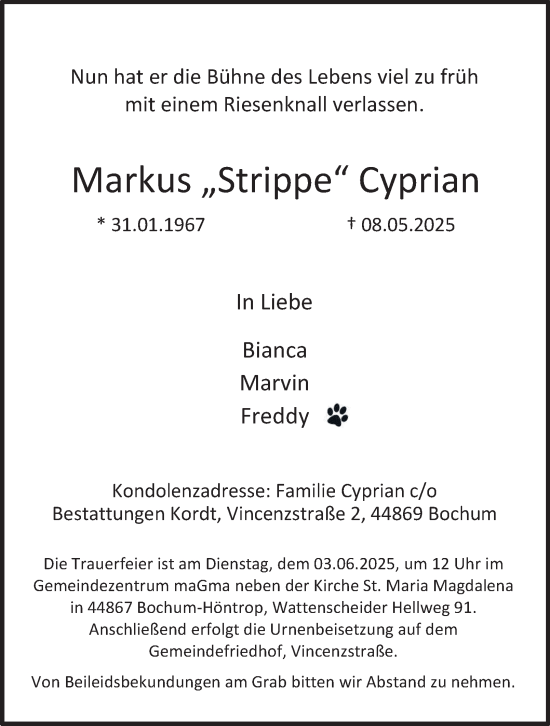 Traueranzeige von Markus Cyprian von Tageszeitung