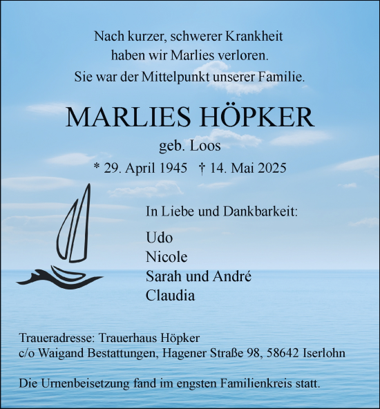 Traueranzeige von Marlies Höpker von Tageszeitung