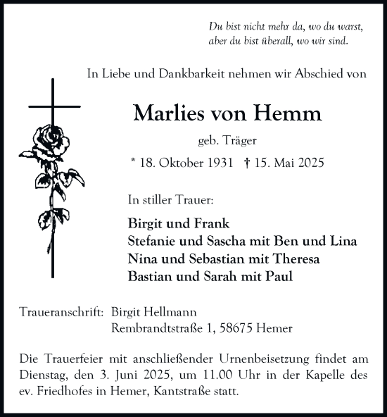 Traueranzeige von Marlies von Hemm von Tageszeitung