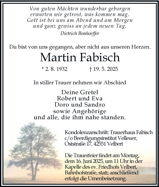 Traueranzeige von Martin Fabisch von Tageszeitung