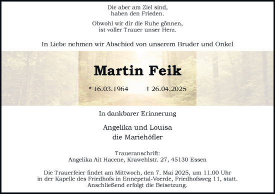 Traueranzeige von Martin Feik von Tageszeitung