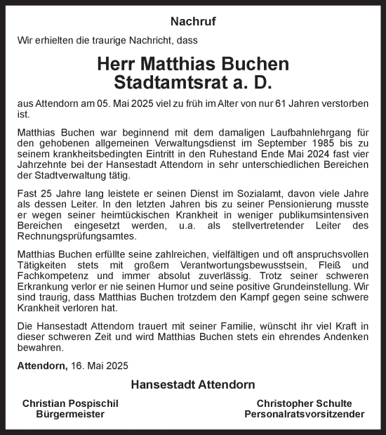 Traueranzeige von Matthias Buchen von Tageszeitung