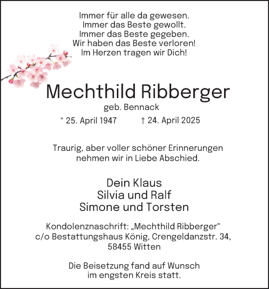 Traueranzeige von Mechthild Ribberger von Tageszeitung
