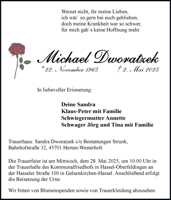 Traueranzeige von Michael Dworatzek von Tageszeitung