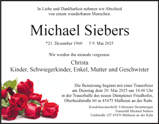 Traueranzeige von Michael Siebers von Tageszeitung