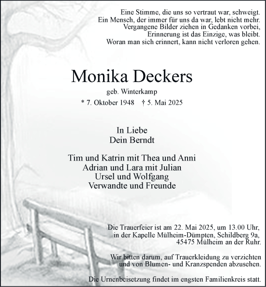 Traueranzeige von Monika Deckers von Tageszeitung