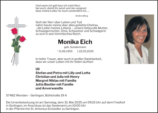 Traueranzeige von Monika Eich von Tageszeitung