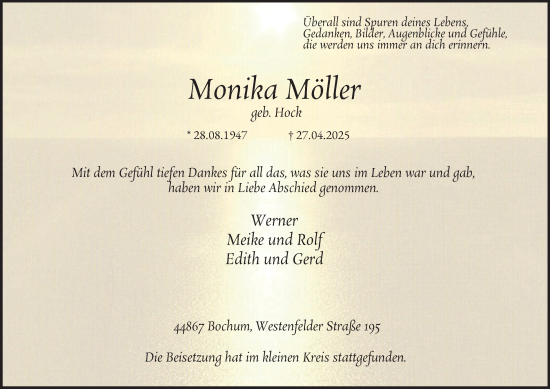 Traueranzeige von Monika Möller von Tageszeitung
