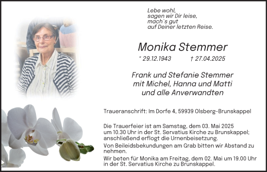 Traueranzeige von Monika Stemmer von Tageszeitung