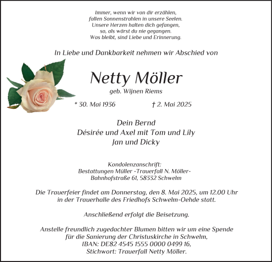Traueranzeige von Netty Möller von Tageszeitung