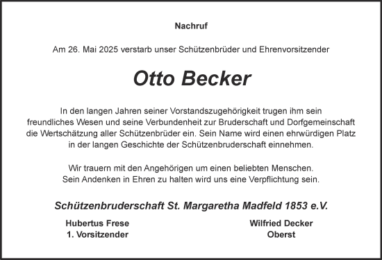 Traueranzeige von Otto Becker von Tageszeitung