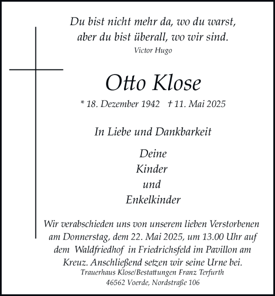 Traueranzeige von Otto Klose von Tageszeitung