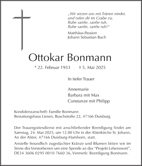Traueranzeige von Ottokar Bonmann von Tageszeitung