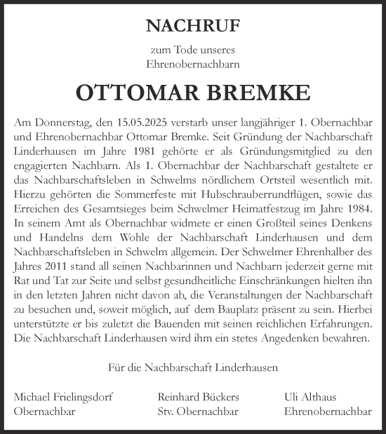 Traueranzeige von Ottomar Bremke von Tageszeitung