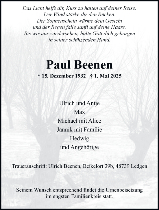 Traueranzeige von Paul Beenen von Tageszeitung