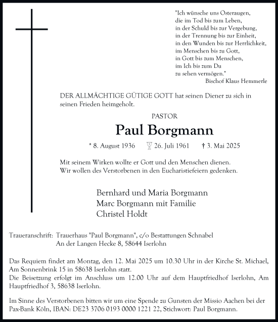 Traueranzeige von Paul Borgmann von Tageszeitung