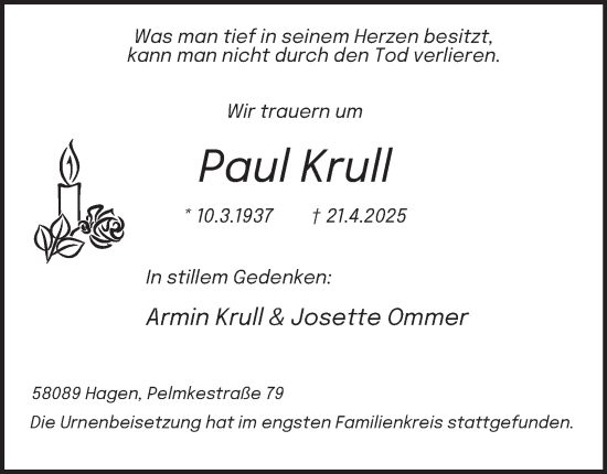 Traueranzeige von Paul Krull von Tageszeitung