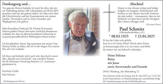 Traueranzeige von Paul Schmitz von Tageszeitung