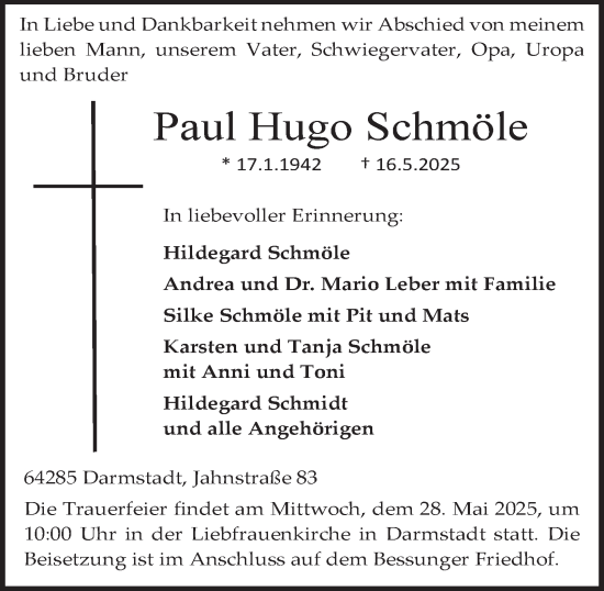 Traueranzeige von Paul Hugo Schmöle von Tageszeitung