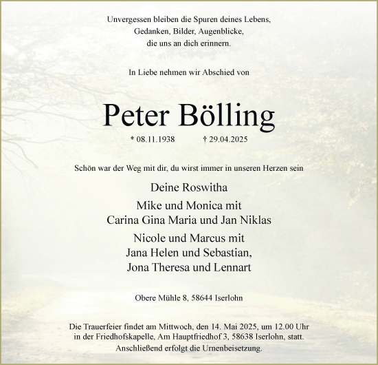Traueranzeige von Peter Bölling von Tageszeitung