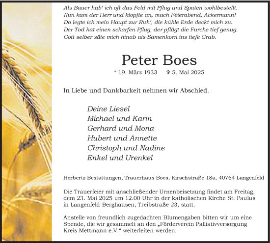 Traueranzeige von Peter Boes von Tageszeitung