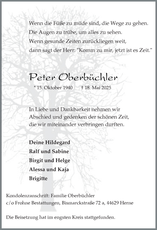 Traueranzeige von Peter Oberbüchler von Tageszeitung