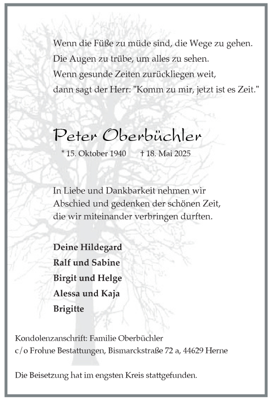 Traueranzeige von Peter Oberbüchler von Tageszeitung