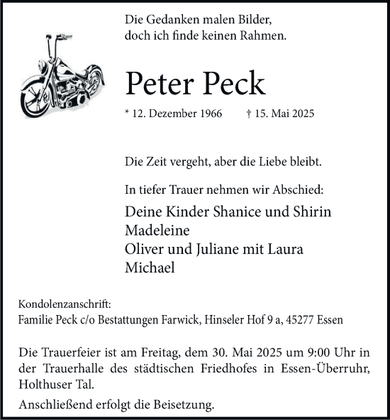 Traueranzeige von Peter Peck von Tageszeitung